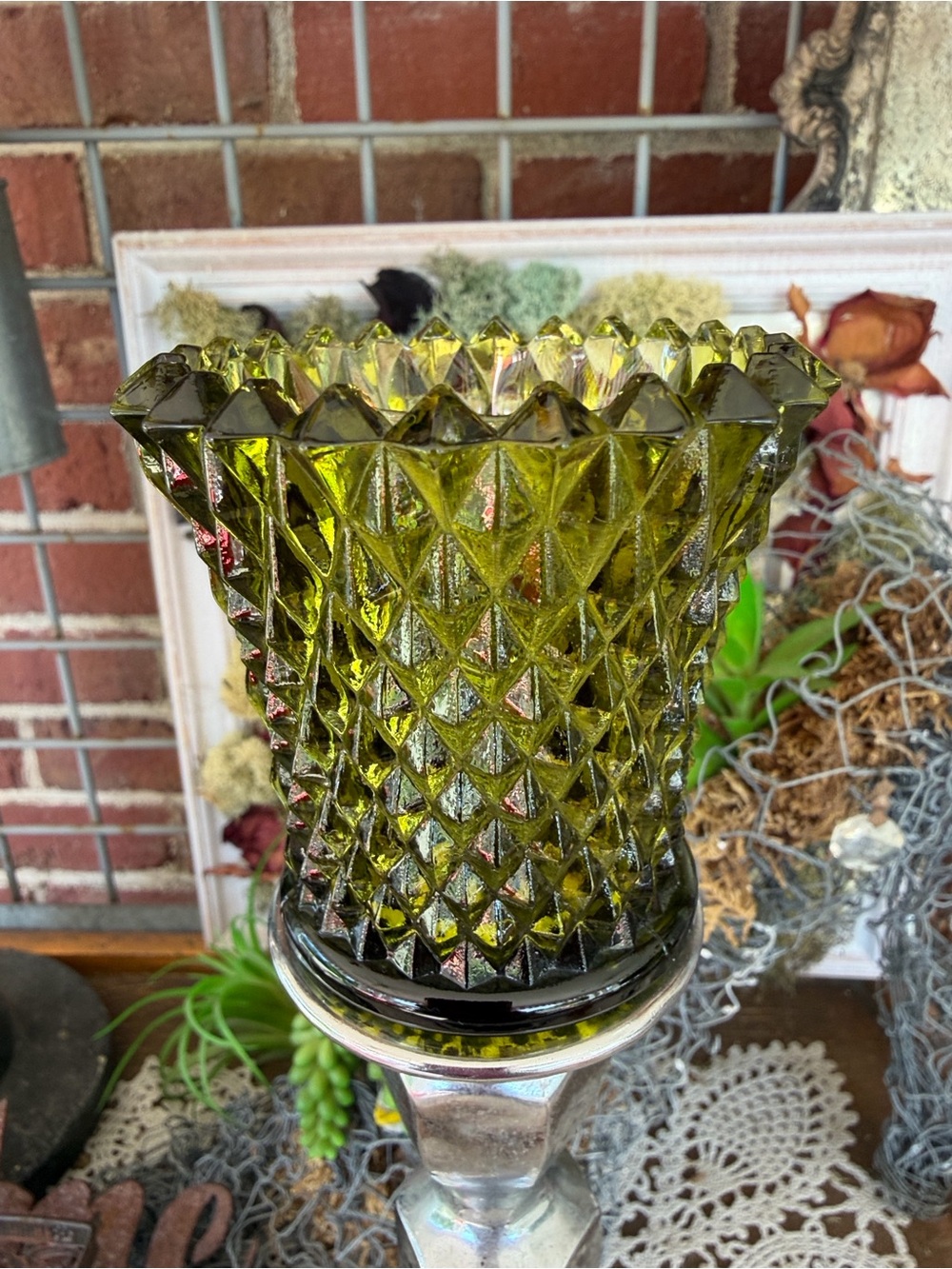 VTG Green Diamond-Cut Glass Votive